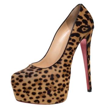 Pre Owned Christian Louboutin Beige/Black Leopard Print Calfhair Daffodile Platform Pumps Size 39