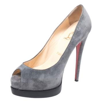 Pre Owned Christian Louboutin Grey Suede Palais Royal Peep Toe Pumps Size 37.5