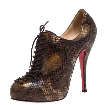 Pre Owned Christian Louboutin Brown/Black Python Lace Trous Booties Size 38