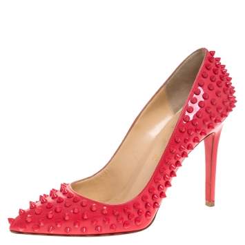 Pre Owned Christian Louboutin Coral Patent Leather Follies Spikes Peep Toe Pumps Size 39.5