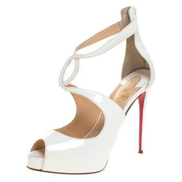 Pre Owned Christian Louboutin White Patent Leather Strappy Platform Sandals Size 37.5