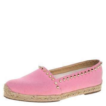 Pre Owned Christian Louboutin Pink Canvas Ares Spiked Espadrilles Flats Size 39