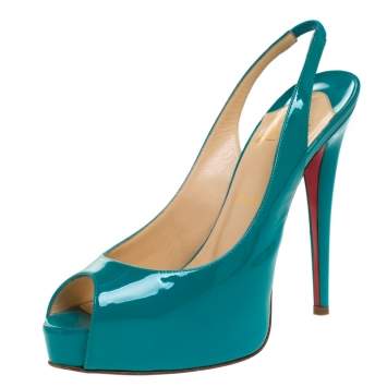 Pre Owned Christian Louboutin Green Patent Leather Lady Peep Slingback Pumps Size 38