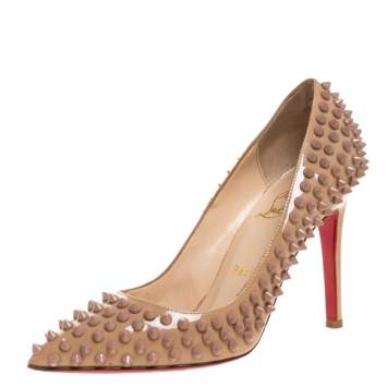Pre Owned Christian Louboutin Beige Patent Leather Pigalle Spikes Pumps Size 36.5