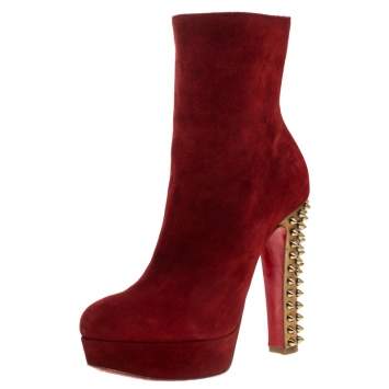Pre Owned Christian Louboutin Red Suede Studded Heel Taclou Ankle Boots Size 37