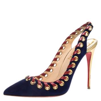 Pre Owned Christian Louboutin Blue/Red Suede And Leather Whipstitch Ostri Slingback Sandals Size 40