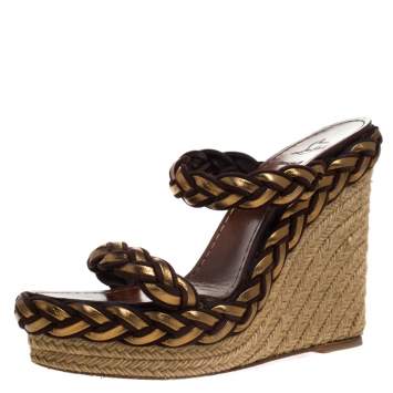 Pre Owned Christian Louboutin Gold/Brown Leather and Suede Braided Espadrille Wedge Sandals Size 40