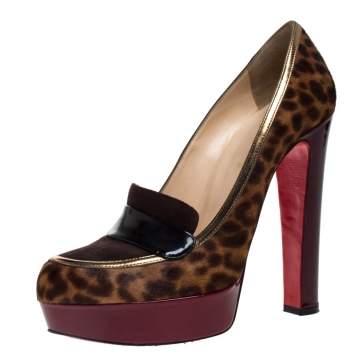 Pre Owned Christian Louboutin Brown Leopard Print Pony Hair And Suede Leather Trotitella Platform Loafer Pumps Size 40 