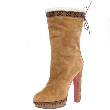 Pre Owned Christian Louboutin Brown Suede Oulanbator Platform Mid Calf Boots Size 39.5