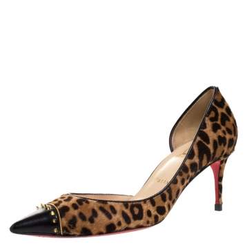Pre Owned Christian Louboutin Black Leopard Print Calfhair and Leather Culturella Half D'Orsay Pumps Size 37.5