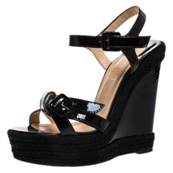Pre Owned Christian Louboutin Black Patent Leather Zero Problem Espadrille Wedge Sandals Size 38