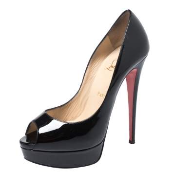 Pre Owned Christian Louboutin Black Patent Leather Lady Peep Pumps Size 39.5