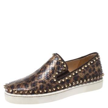 Pre Owned Christian Louboutin Bronze Leopard Print Python Spike Slip On Sneakers Size 37.5