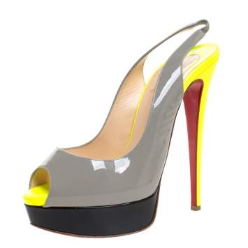 Pre Owned Christian Louboutin Colorblock Patent Leather Lady Peep Toe Platform Slingback Sandals Size 38