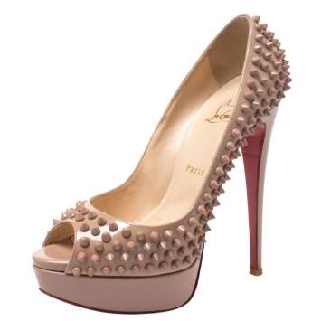 Pre Owned Christian Louboutin Beige Patent Leather Lady Peep Toe Spike Platform Pumps Size 38.5