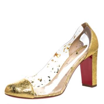 Pre Owned Christian Louboutin Gold Textured Leather and PVC Lady Gena Pumps Size 40