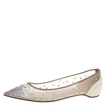 Pre Owned Christian Louboutin Pearl White Mesh and Patent Leather Follies Strass Ballet Flats Size 35
