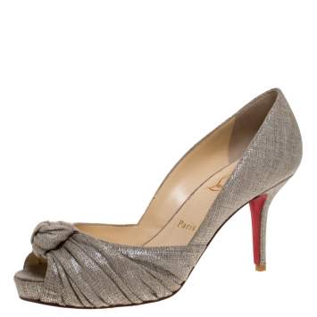 Pre Owned Christian Louboutin Grey/Silver Canvas Knotted Greissimo Platform Pumps Size 38.5