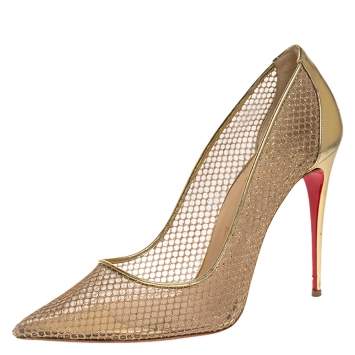 Pre Owned Christian Louboutin Gold Mesh And Leather Follies Resille Pointed Toe Pumps Size 41