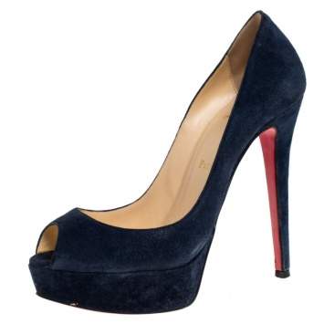 Pre Owned Christian Louboutin Blue Suede Lady Peep Toe Platform Pumps Size 37.5