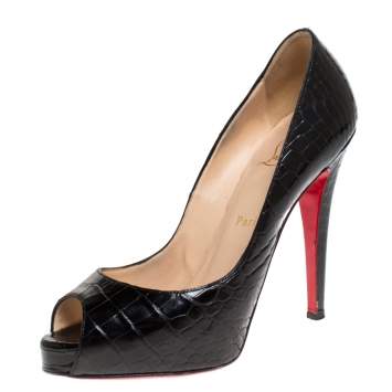 Pre Owned Christian Louboutin Black Croc Embossed Leather Lady Peep Toe Platform Pumps Size 37.5
