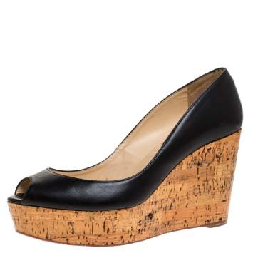 Pre Owned Christian Louboutin Black Leather Coroclic Cork Wedge Peep Toe Platform Pumps Size 39