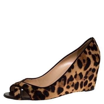 Pre Owned Christian Louboutin Leopard Print Pony Hair Peep Toe Wedges Size 38.5