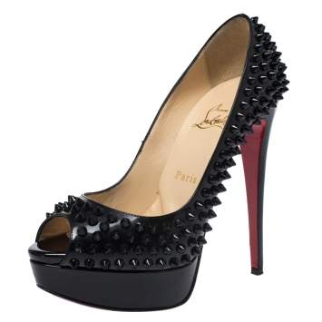 Pre Owned Christian Louboutin Black Patent Leather Lady Peep Toe Spike Platform Pumps Size 37.5