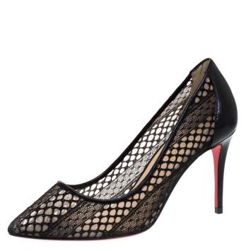 Pre Owned Christian Louboutin Black Lace and Leather Follies Pointed Toe Pumps Size 34