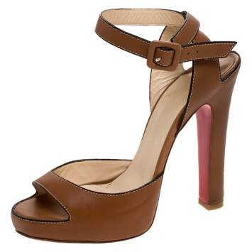 Pre Owned Christian Louboutin Tan Leather Ankle Strap Platform Sandals Size 38