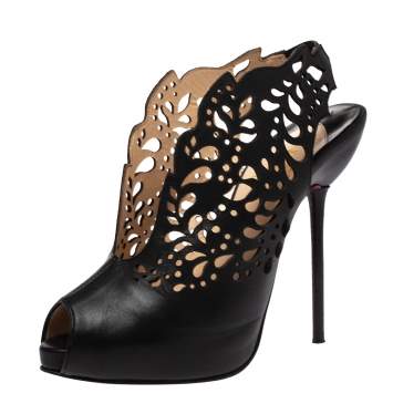Pre Owned Christian Louboutin Black Lasercut Leather Markesling Slingback Sandals Size 36.5