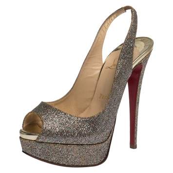 Pre Owned Christian Louboutin Multicolor Glitter Fabric Lady Peep Toe Platform Slingback Sandals Size 36.5