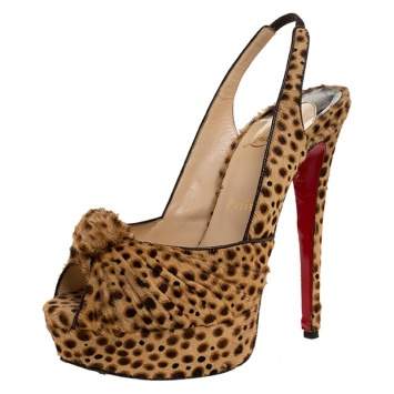 Pre Owned Christian Louboutin Brown Calf hair Jenny Knotted Slingback Platform Sandals Size 38