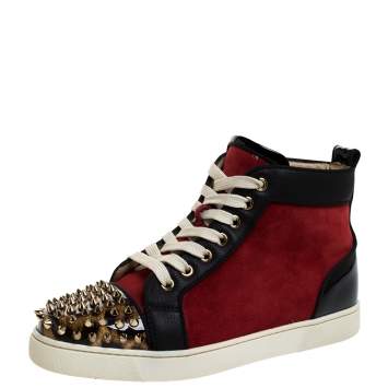 Pre Owned Christian Louboutin Black/Red Leather and Suede Louis Spike High Top Sneakers Size 37