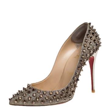 Pre Owned Christian Louboutin Gold Glittered Leather Follies Spikes Pointed Toe Pumps Size 38