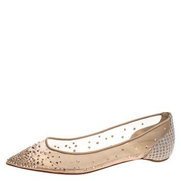 Pre Owned Christian Louboutin Beige Embellished Mesh And Lame Fabric Follies Strass Pointed Toe Ballet Flats Size 38.5