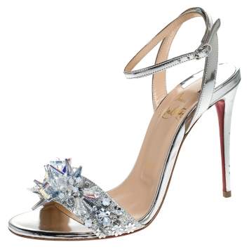 Pre Owned Christian Louboutin Metallic Silver Lame Fabric And Leather Embellished Okydok Ankle Strap Sandals Size 37