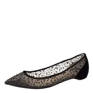 مملوكة مسبقًا Christian Louboutin Black Mesh And Suede Follies Strass Ballet Flats Size 36