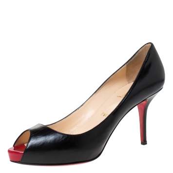Pre Owned Christian Louboutin Black Leather Flo Peep Toe Pumps Size 38.5