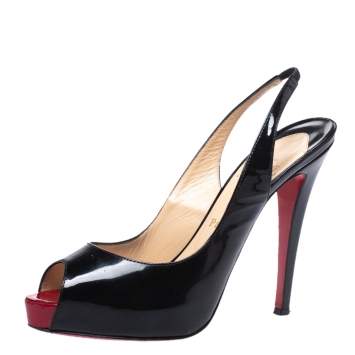 Pre Owned Christian Louboutin Black Patent Leather Private Number Peep Toe Slingback Sandals Size 38.5