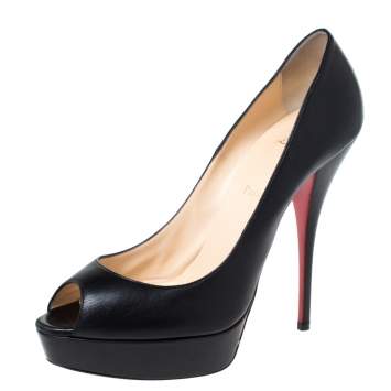 Pre Owned Christian Louboutin Black Leather Lady Peep Toe Platform Pumps Size 41