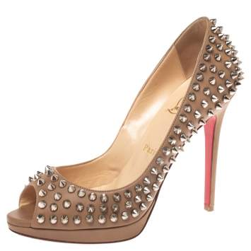 Pre Owned Christian Louboutin Beige Leather Yolanda Spikes Peep Toe Pumps Size 38
