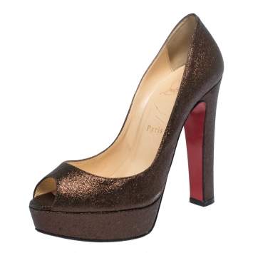 Pre Owned Christian Louboutin Bronze Glitter Bambou Peep Toe Platform Pumps Size 37.5