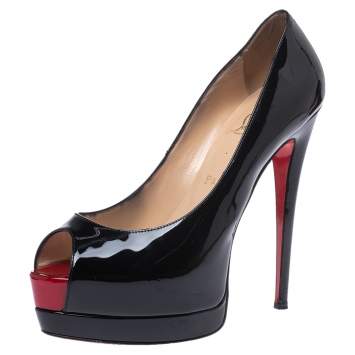 Pre Owned Christian Louboutin Black Patent Leather Palais Royal Peep Toe Platform Pumps Size 38.5