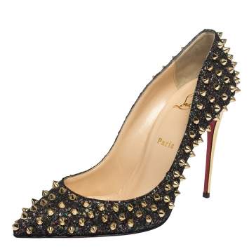 Pre Owned Christian Louboutin Black Mesh And Glitter Fabric Follies Spikes Pumps Size 39