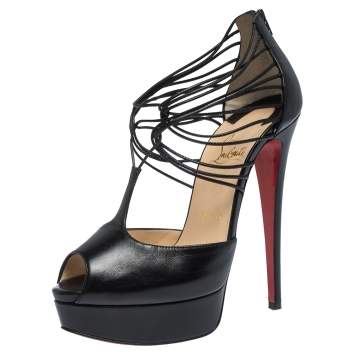 Pre Owned Christian Louboutin Black Leather Strappy Confusalta Platform Sandals Size 38