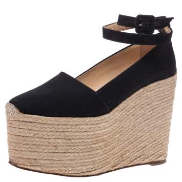 Pre Owned Christian Louboutin Black Canvas Dehia Espadrille Platform Pumps Size 38