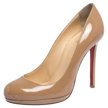 Pre Owned Christian Louboutin Beige Patent Leather New Simple Platform Pumps Size 38.5