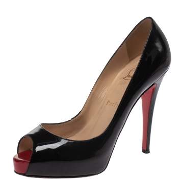 Pre Owned Christian Louboutin Black Patent Leather Lady Peep Toe Platform Pumps Size 38.5