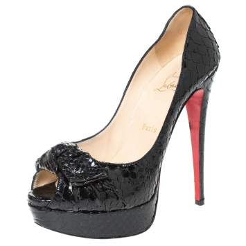 Pre Owned Christian Louboutin Black Python Madame Butterfly Peep Toe Pumps Size 38.5